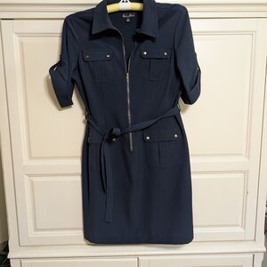 Navy Blue Zip-Up Dress with Belt
